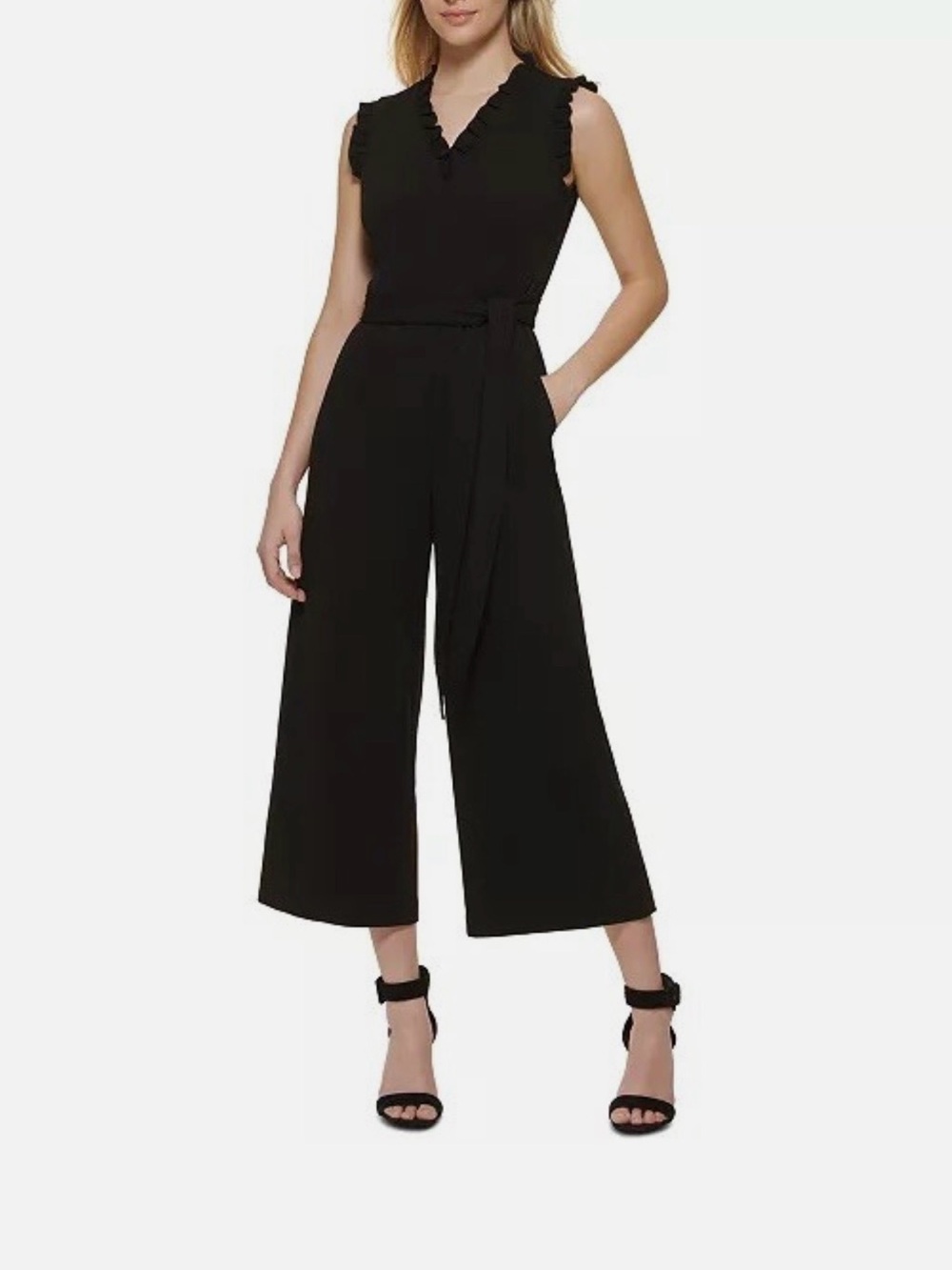 Calvin Klein Black Sleeveless Ruffle V-Neck Wide-Leg Jumpsuit NWT